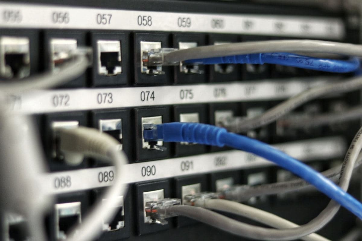 Cables de red conectados a un panel de conexiones